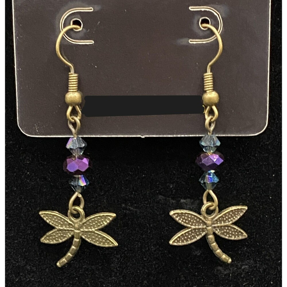 Handmade Dragonfly with Oil Slick & AB Purple Crystal Earrings by Neanie-Bot